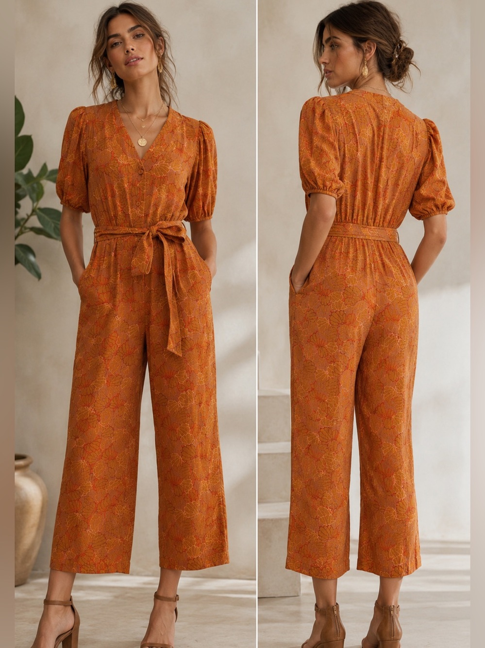 FRNCH Laurine Orange Print Wide-Leg Jumpsuit with Tie Waist